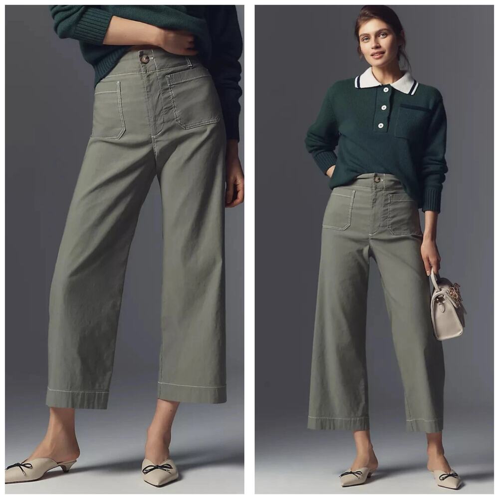 Anthropologie Maeve Colette Crop Pants Maeve Contrast Stitch Moss Olive Green 24